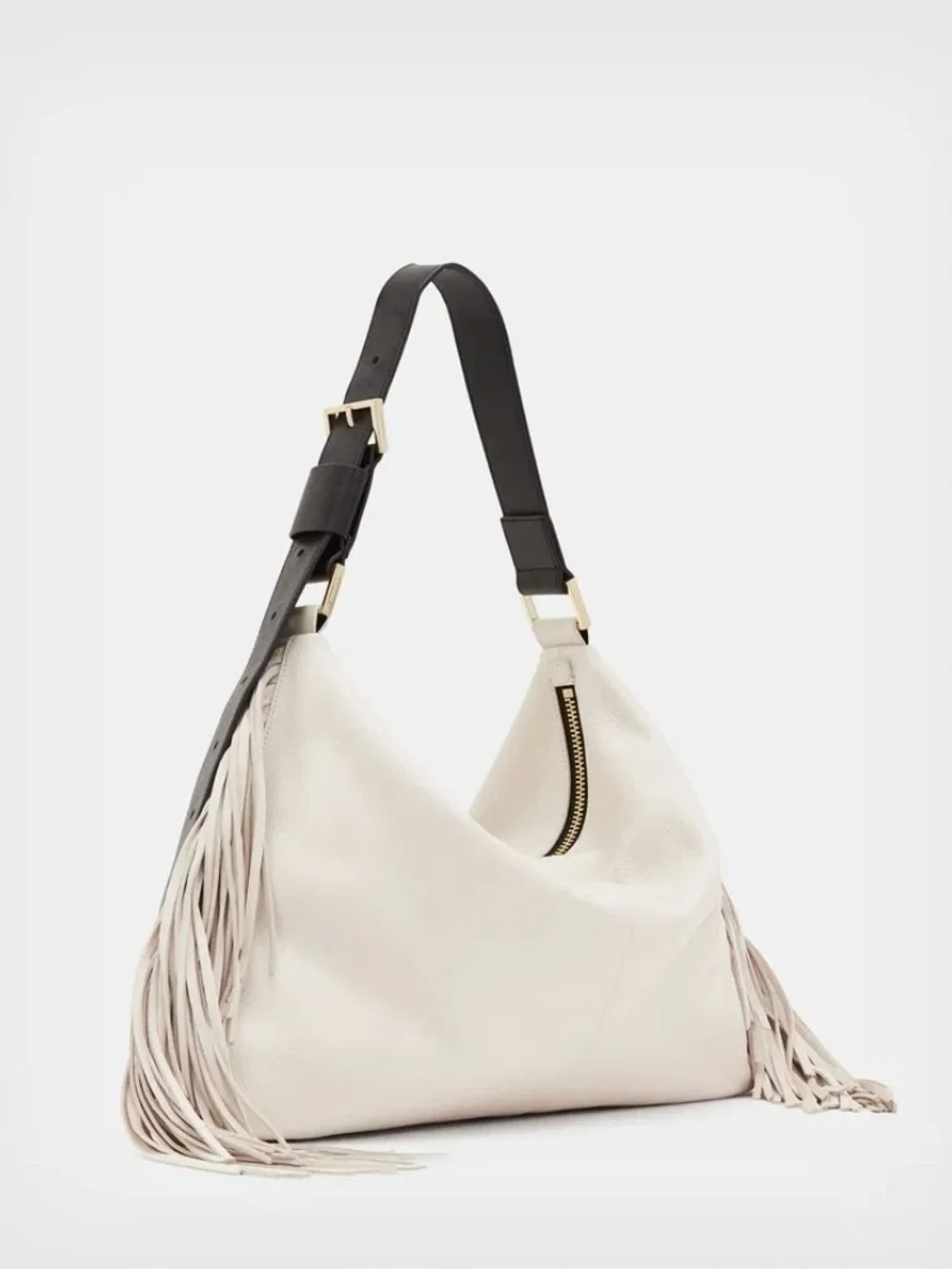 ALLSAINTS Edbury Fringe Leather Shoulder Bag Salt Lake White NWOT Leather Hobo